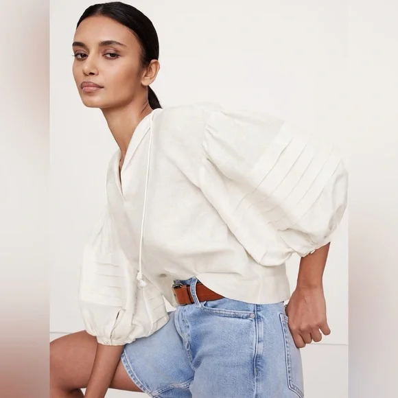 NWT! Banana Republic Linen Peasant Blouse in Magnolia Flower Ivory Size S - Picture 1 of 5